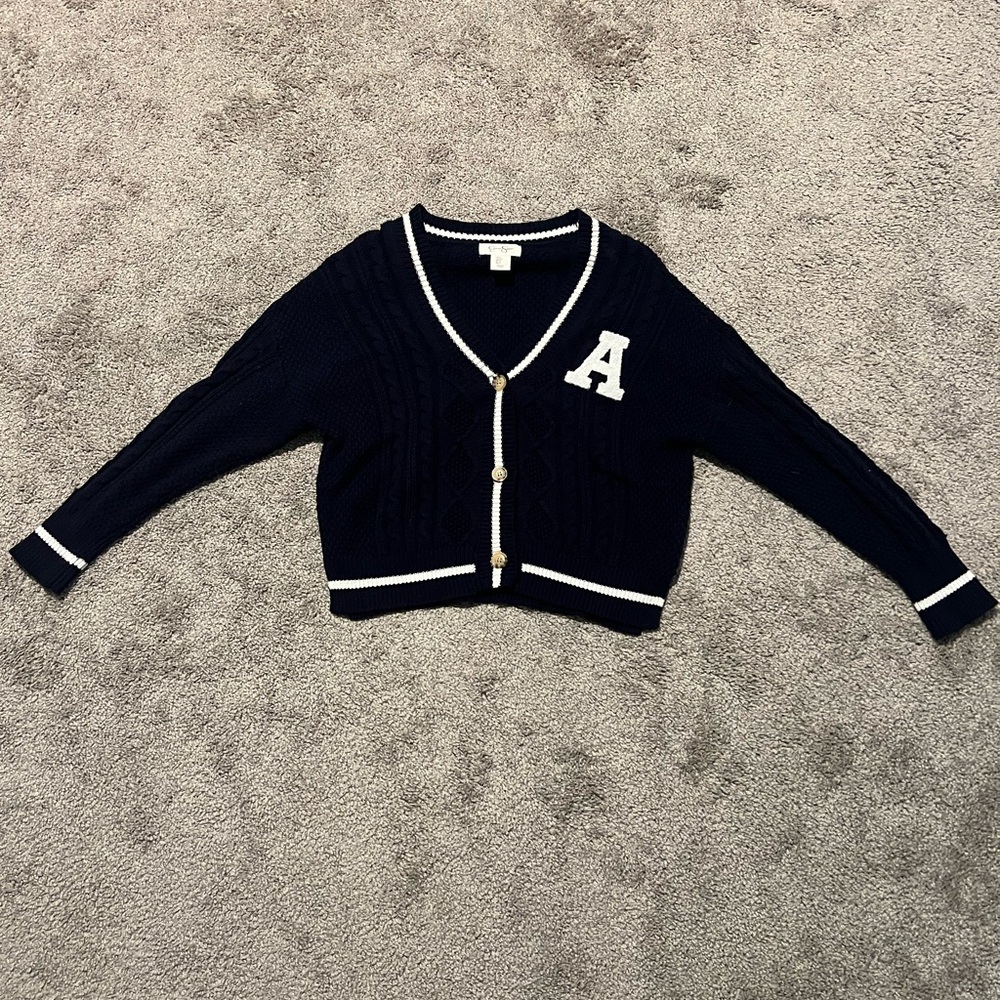 Elegant Navy Cardigan with White Accents